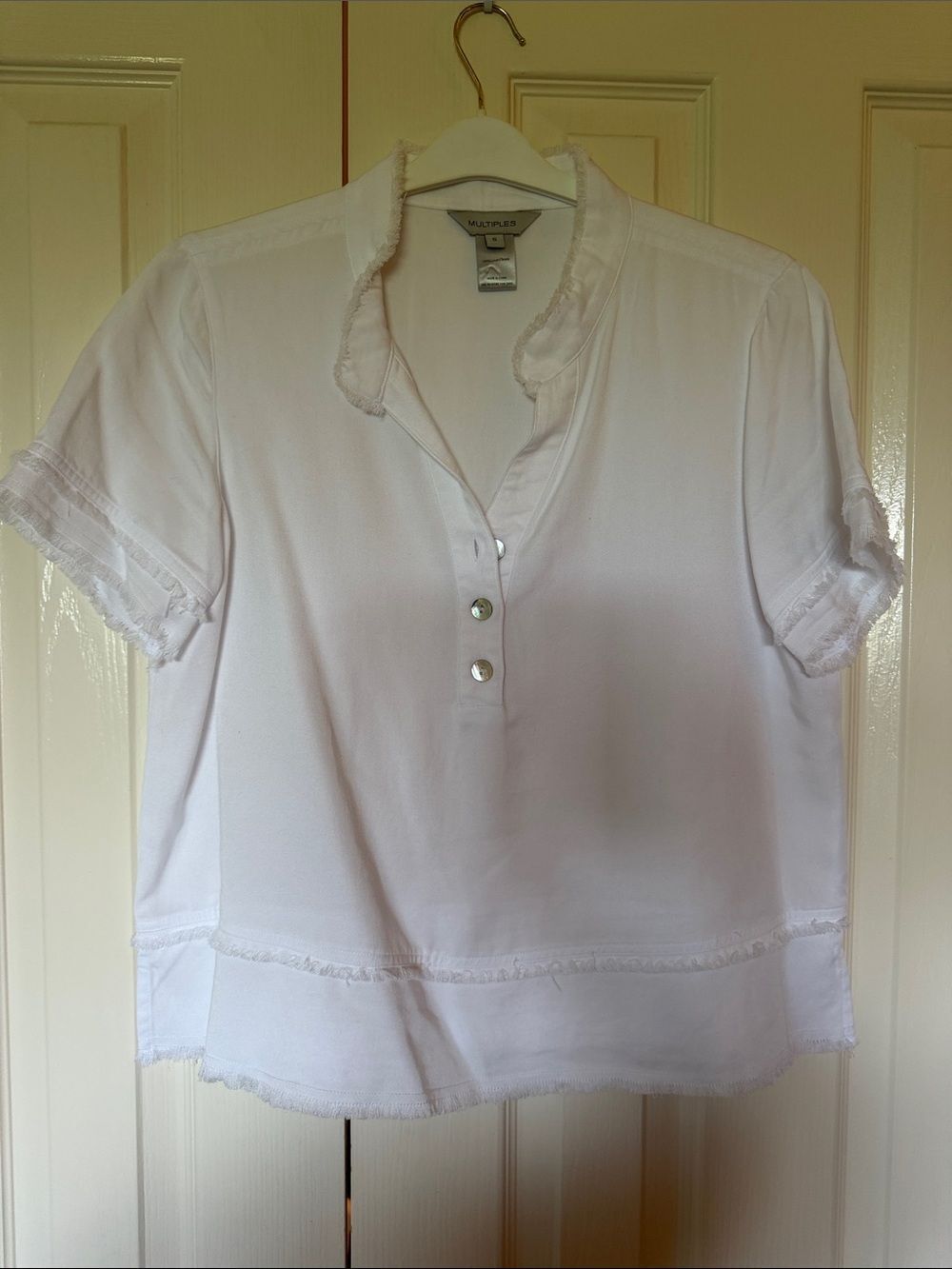 Multiples White Short Sleeve Henley Top with Button Placket